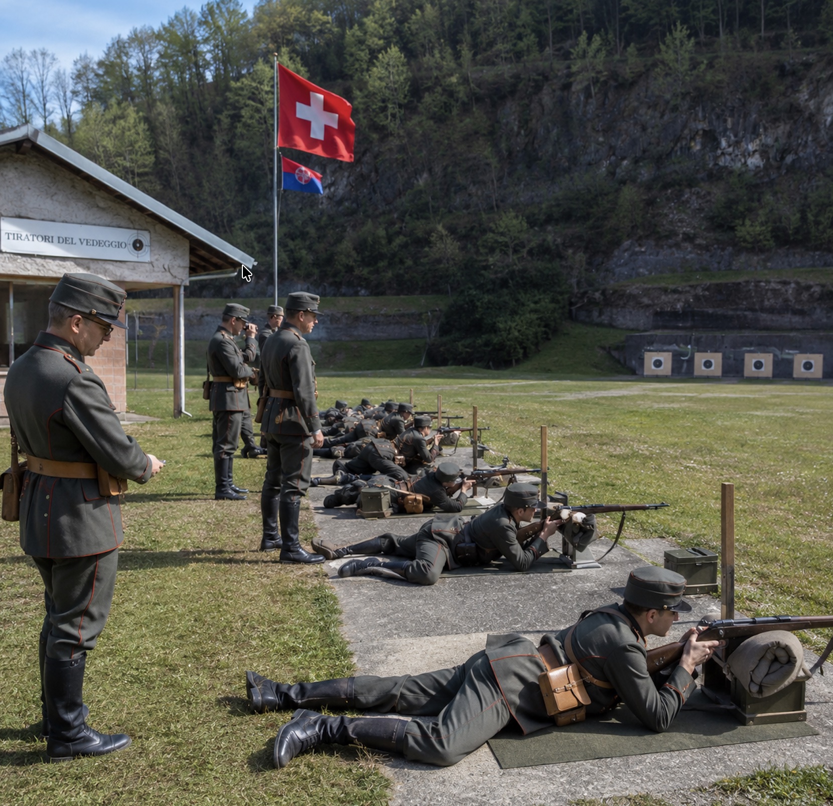 Tiratori in uniforme al poligono durante il tiro obbligatorio